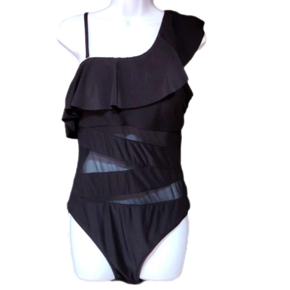 Mermaid Swimwear, Inc. Mesh-Inset Ruffle Asymmetric Off-Shoulder One-Piece - Picture 1 of 6